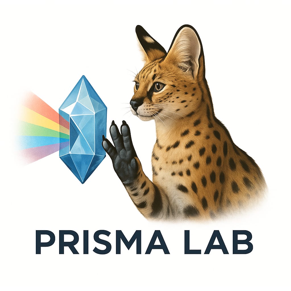 Logo de Prismalab. Un f&eacute;lin serval &mdash; un chat sauvage aux tr&egrave;s grandes oreilles dress&eacute;es, au pelage dor&eacute; chaud parsem&eacute; de taches brunes, aux yeux ambr&eacute;s attentifs &mdash; observe un prisme bleu translucide qui semble flotter. Sa patte avant est lev&eacute;e, paume ouverte vers nous : les doigts forment deux paires s&eacute;par&eacute;es par un &eacute;cart net au milieu, l'index et le majeur coll&eacute;s d'un c&ocirc;t&eacute;, l'annulaire et l'auriculaire coll&eacute;s de l'autre, formant le salut vulcain avec sa patte. Une lumi&egrave;re d'abord uniforme traverse le cristal et s'y d&eacute;compose : un faisceau arc-en-ciel doux et vaporeux r&eacute;v&egrave;le les couleurs cach&eacute;es dans ce blanc. L'ensemble respire la curiosit&eacute; scientifique, l'exploration, l'attention &agrave; ce que la lumi&egrave;re uniforme ne laisse pas voir d'embl&eacute;e. Cliquez ici pour revenir &agrave; l'accueil.
